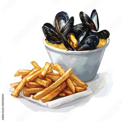 Watercolor painting of mussels and french fries served on watercolor.vector transparent background cutout