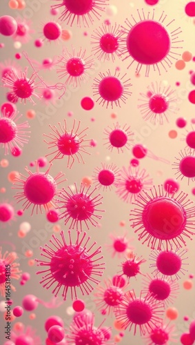 Microscopic pink viruses, 3D scientific illustration, medical microbiology background, high resolution