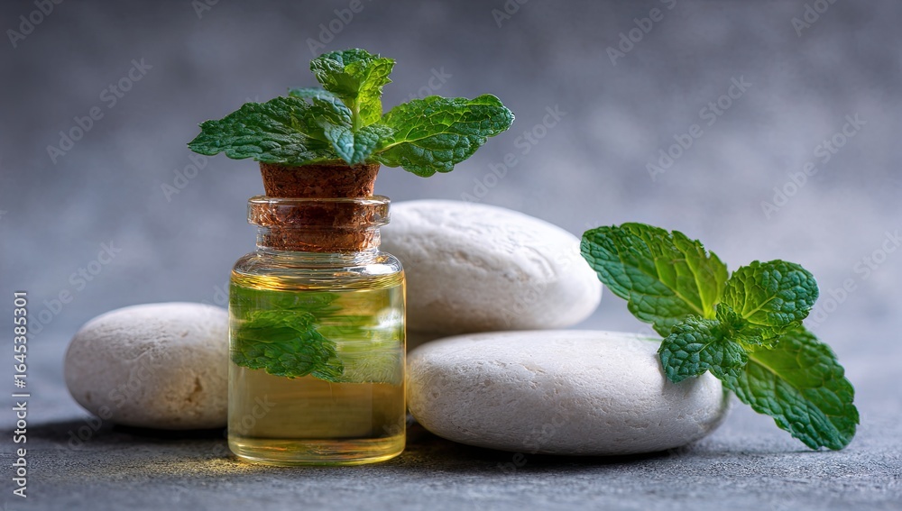 Small glass bottle of pale yellow oil with a cork stopper, adorned with fresh mint sprigs, rests on a stack of smooth, off-white stones against a muted grey backdrop Small glass bottle of pale yellow oil with a cork stopper, adorned with fresh mint sprigs, rests on a stack of smooth, off-white stones against a muted grey backdrop