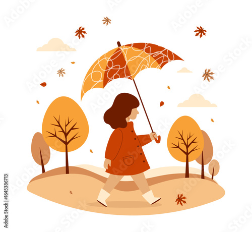 Autumn Child Girl in coat holding umbrella walking in fall park. Autumnal landscape with falling leaves and warm seasonal tones trees. Vector illustration. Not AI.