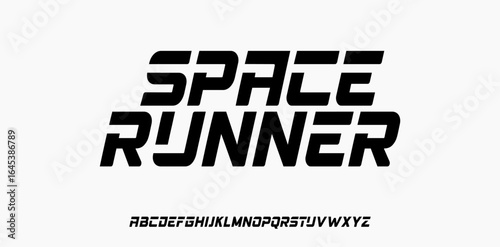 Futuristic sci-fi display font with sleek geometric shapes and speed-inspired cuts. Perfect for space-themed designs, racing logos, videogame titles. technology branding, and modern poster headlines.