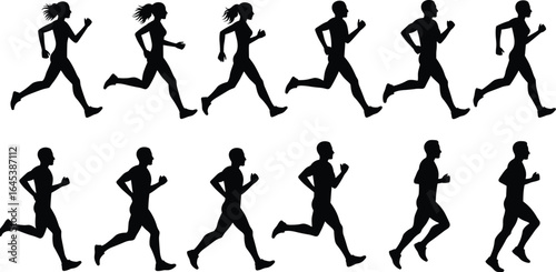 Set of male and female runner silhouettes in different poses, people jogging and exercising vector illustration collection for fitness and health content.