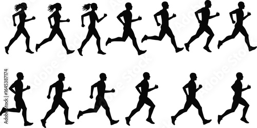 Set of male and female runner silhouettes in different poses, people jogging and exercising vector illustration collection for fitness and health content.