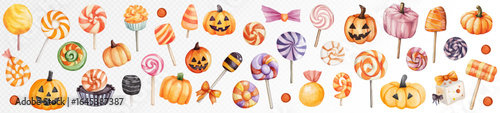 Festive watercolor Halloween set with candy, pumpkins, lollipops, and autumn sweets, perfect for seasonal banners. Vector illustration.