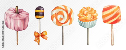 Watercolor Halloween lollipops in assorted colors and shapes, perfect for spooky treats and decorative seasonal projects. Vector illustration.