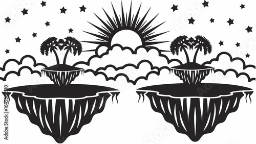 Two floating islands with palm trees under a sun and starry sky in black and white illustration |  editable eps vectors silhouette