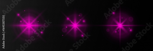 Pink glowing star flare light effects set with sparkle, glow, and lens flare on transparent background. Bright magenta burst for decoration, photo overlays, and graphic design projects.