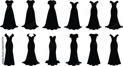 Collection of elegant black evening and wedding dress silhouettes in various styles, fashion vector illustration set for design projects.
