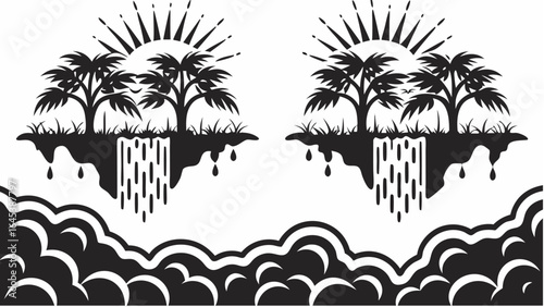 Two floating islands with palm trees waterfalls and sun rays above wavy clouds in black and white design |  editable eps vectors silhouette
