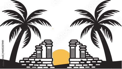 Two palm trees framing ancient ruins with a golden sun setting in the background on a tropical island |  editable eps vectors silhouette