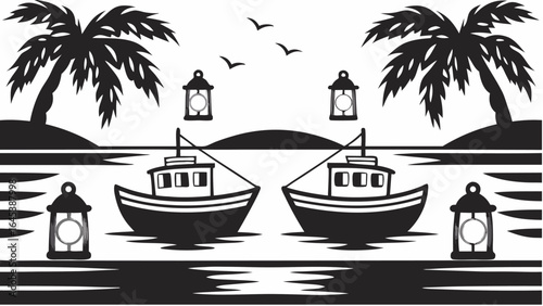 Black and white illustration of two fishing boats on the sea with palm trees and lanterns in the background |  editable eps vectors silhouette
