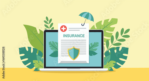 Laptop displaying health insurance document with a red cross and a yellow umbrella protection concept