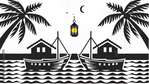 Black and white illustration of a coastal scene with boats palm trees and a lantern under a crescent moon |  editable eps vectors silhouette