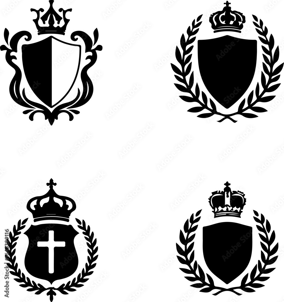 Obraz premium Royal Heraldic Shields with Crowns and Laurel Wreaths – Crest Emblem Vector Set