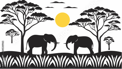 Silhouette of two elephants facing each other under a yellow sun and trees in an african landscape |  editable eps vectors