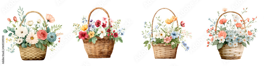 Obraz premium Watercolor Flower Baskets Collection on White Background
