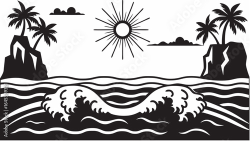 Silhouette of a tropical beach scene with palm trees, sun, clouds, rocks and ocean waves design |  editable eps vectors