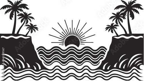 Silhouette of palm trees on cliffs facing the sun over water with waves in a black and white landscape |  editable eps vectors
