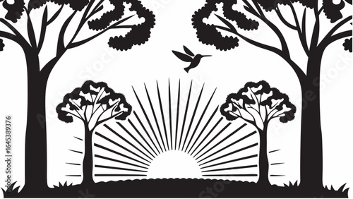 Silhouette of trees framing a sunrise with a small bird flying in the upper center of the image view |  editable eps vectors