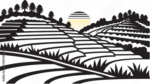 Illustration of rice terraces with a rising sun and silhouetted trees in a black and white color scheme |  editable eps vectors