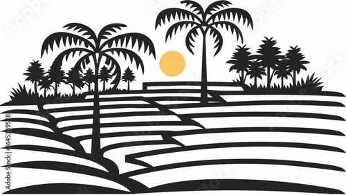 Illustration of rice terraces with palm trees and a yellow sun in a black and white landscape art |  editable eps vectors silhouette