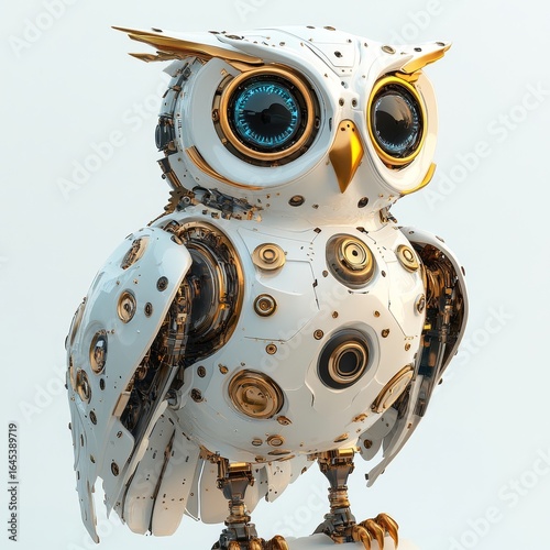 Charming owl robot, a whimsical robotic bird isolated over a white background. 3D rendering, Generative AI