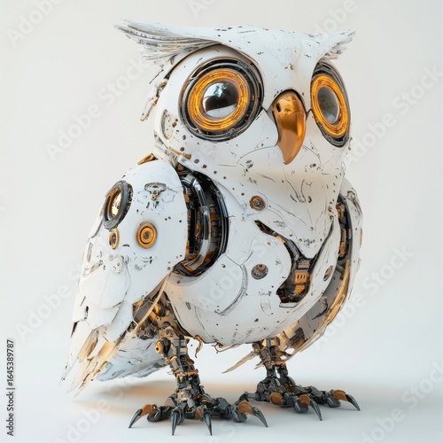 Charming owl robot, a whimsical robotic bird isolated over a white background. 3D rendering, Generative AI