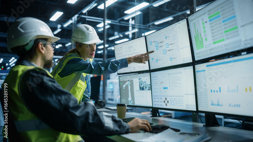 Tableau sur toile Caucasian Male Process Engineer Using Multi Monitor Workstation And Talking To Female Quality Control Technician At Electronics Factory