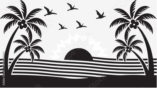 Silhouette of palm trees and birds flying over ocean waves at sunset scene illustration vector |  editable eps vectors