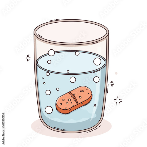 Glass of Water with Effervescent Tablet Dissolving at Bottom, Bubbles Rising. 
Effervescent Tablet Dissolving in Glass of Water. illustration, hand drawn style, 
isolated on white background. 