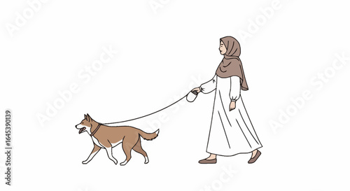 Woman in Hijab Walking Dog, Promoting Inclusivity and Everyday Muslim Lifestyle Illustration for Diverse Representation