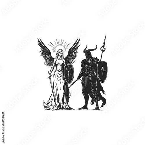 engraving illustration of an angel and a devil standing as opposing guards. The artwork symbolizes the eternal contrast between light and darkness
