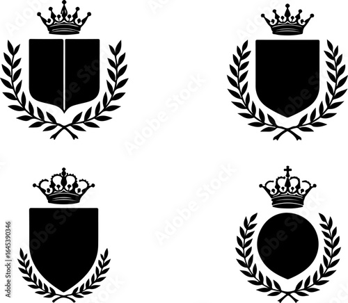 Royal Shield Crest Emblems with Crown and Laurel – Vector Silhouette Set"