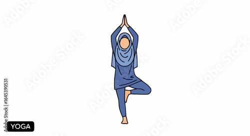 Muslim Woman Practicing Yoga in Tree Pose with Hijab for Health and Wellness Promotion, Suitable for Educational Materials and Inclusive Fitness Campaigns