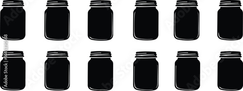 Collection of twelve black mason jar silhouettes with lids, a seamless vector illustration perfect for rustic, vintage, and DIY-themed design projects.