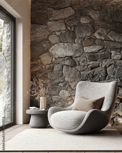 Lounge chair near wild stone cladding wall and window, reflecting modern living room design in a country villa. 3D rendering, Generative AI