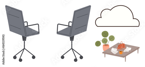Two office chairs, table with coffee cup, bag, papers, potted plant, cloud outline. Ideal for teamwork, meeting creativity workspace flexibility organization remote work. Simple flat metaphor