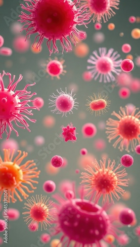 Microscopic orange and pink viruses, 3D medical illustration, infectious disease background, high resolution