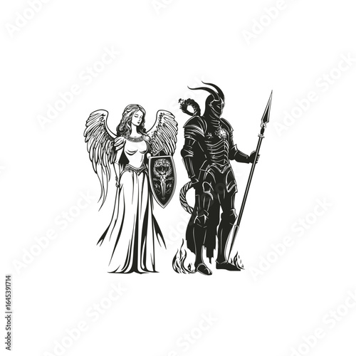 engraving illustration of an angel and a devil standing as opposing guards. The artwork symbolizes the eternal contrast between light and darkness