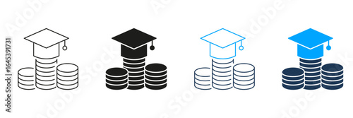 Graduation Cap On Coins Line And Solid Icon Set. Education Funding, Scholarship, And Financial Aid Symbol Collection. Academic Investment And Tuition Savings. Isolated Vector Illustration