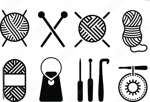 A collection of knitting and crochet icons in black and white