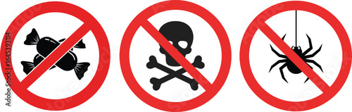Warning signs prohibit candy, poison, and spiders for ultimate safety and prevention awareness