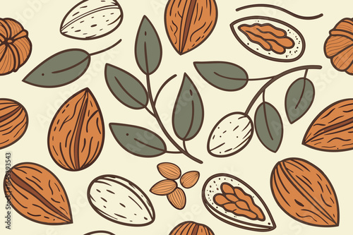 Crunchy almond nut seamless vector pattern	