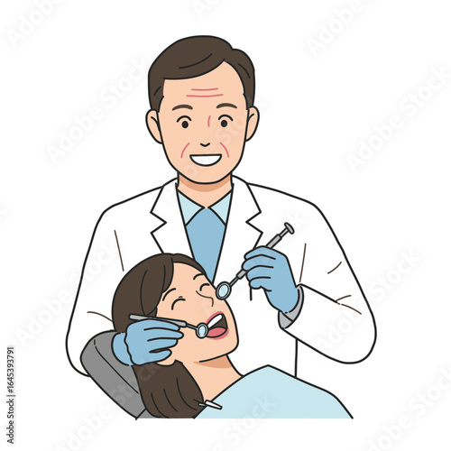 Dental Checkup: A close-up of the dentist, dressed in a pristine white coat, performs a thorough examination on the patient, their gloved hands and focused gaze conveying precision and expertise.