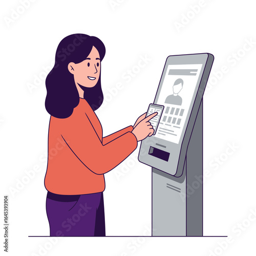 Digital Kiosk Interaction: A modern illustration depicts a woman using a digital kiosk, interacting with a touch screen interface, highlighting concepts of technology.