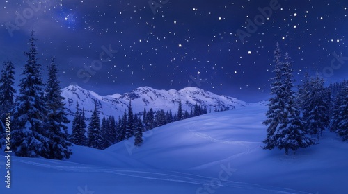Snowy winter landscape under starry night sky with pine trees and mountains in peaceful blue light