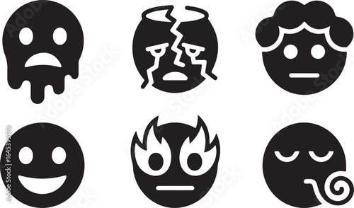 Collection of Black and White Emoticon Illustrations Sad, Angry, and Happy Faces