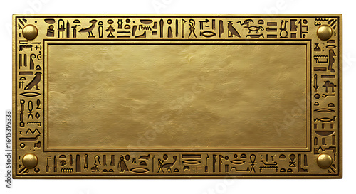 Realistic Antique Egyptian Gold Nameplate with Hieroglyphic Frame Carvings and Textured Surface Isolated on Transparent Background No Text