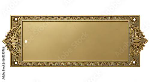 Realistic Antique Indian Brass Nameplate with Embossed Lotus Border and Polished Golden Surface Isolated on Transparent Background No Text
