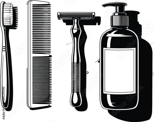 Vector Illustration of Grooming Essentials: Toothbrush, Comb, Razor, and Bottle in Black and White Design.